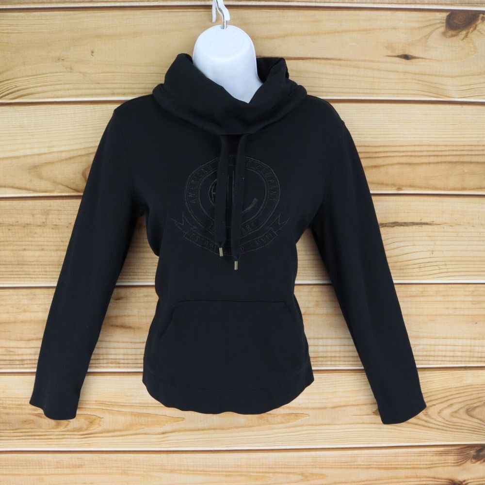 American Living Crop Sweatshirt Cowl Neck Womens Size M Black Embroidered Logo